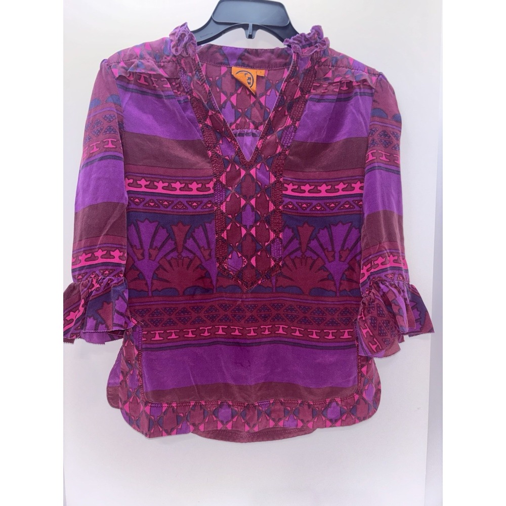 Tory Burch Womens Size 0 Silk Ruffle High V-Neck 3/4 Tunic Blouse Purple Pink